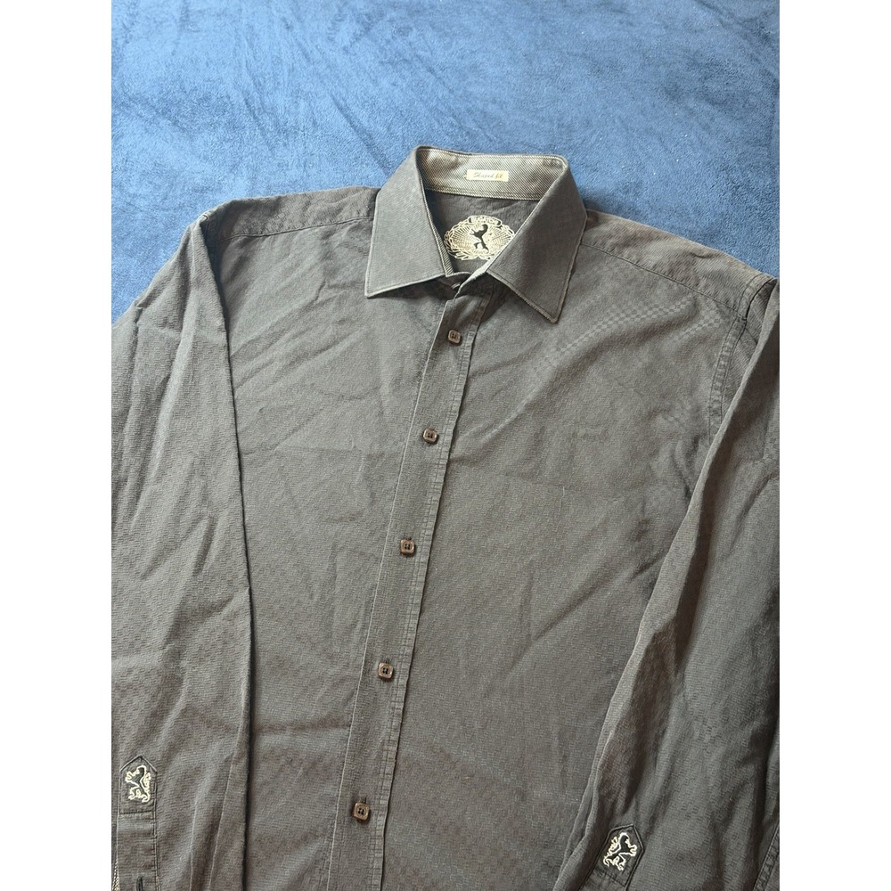 Bugatchi Uomo Mens L Black Woven Cotton Dress Shirt Shaped Fit Embroidered Crest